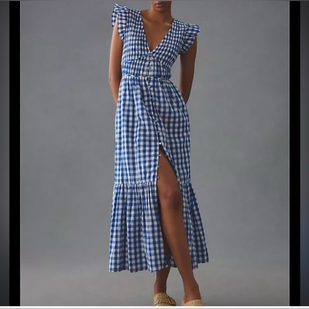 By Anthropologie The Peregrine MIDI Dress in Blue Gingham NWOT - Picture 1 of 8